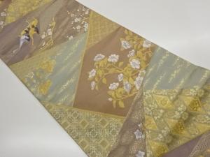 切り嵌め風鶴に花々・古典柄模様織出し袋帯